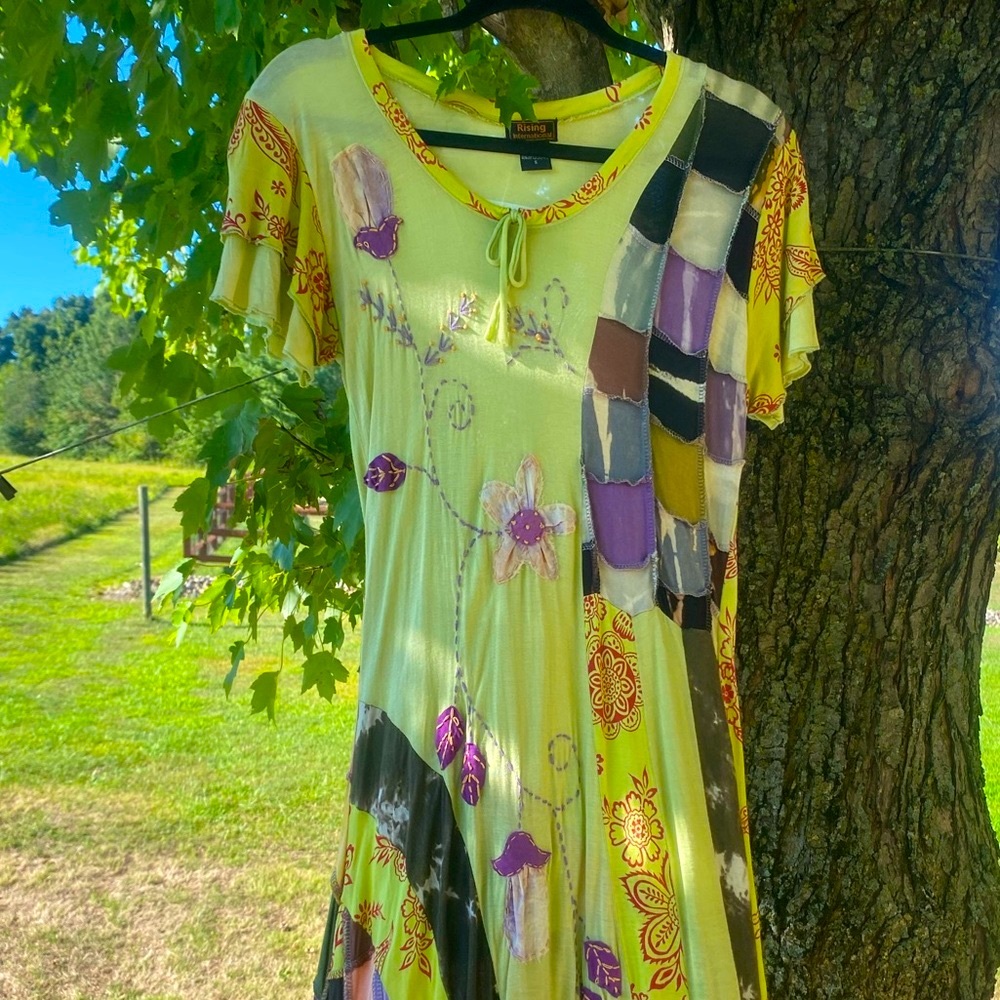 Rising International Patchwork Checkered Lightweight Purple Green Hippie Dress